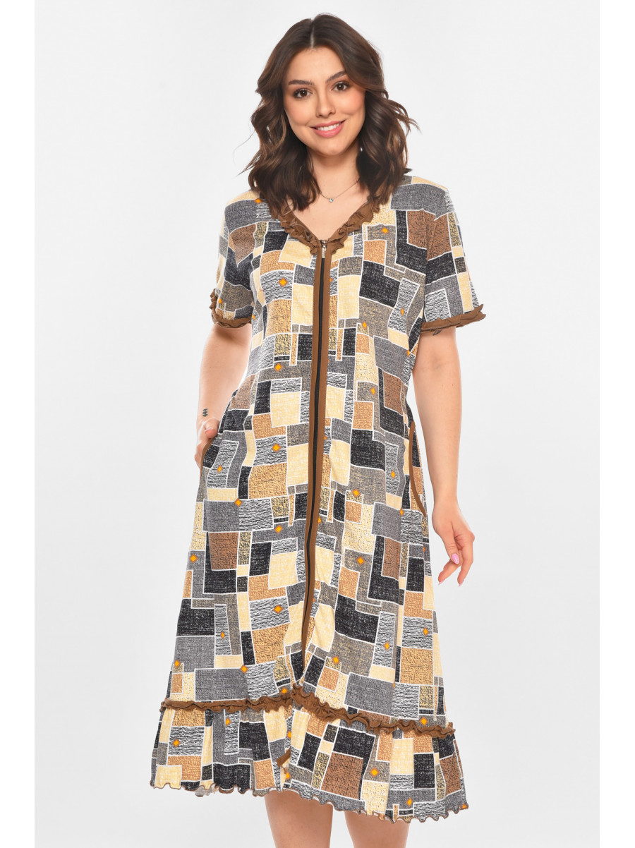 Халат женский полубатальный коричневого цвета с принтом AN-3110 211351C