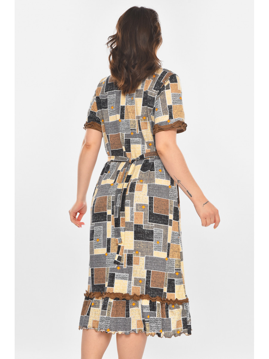 Халат женский полубатальный коричневого цвета с принтом AN-3110 211351C