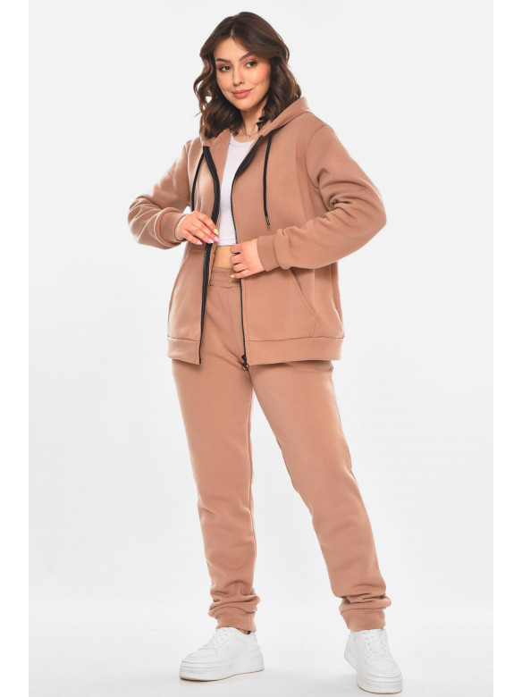 Спортивный костюм женский однотонный на флисе бежевого цвета 211380C