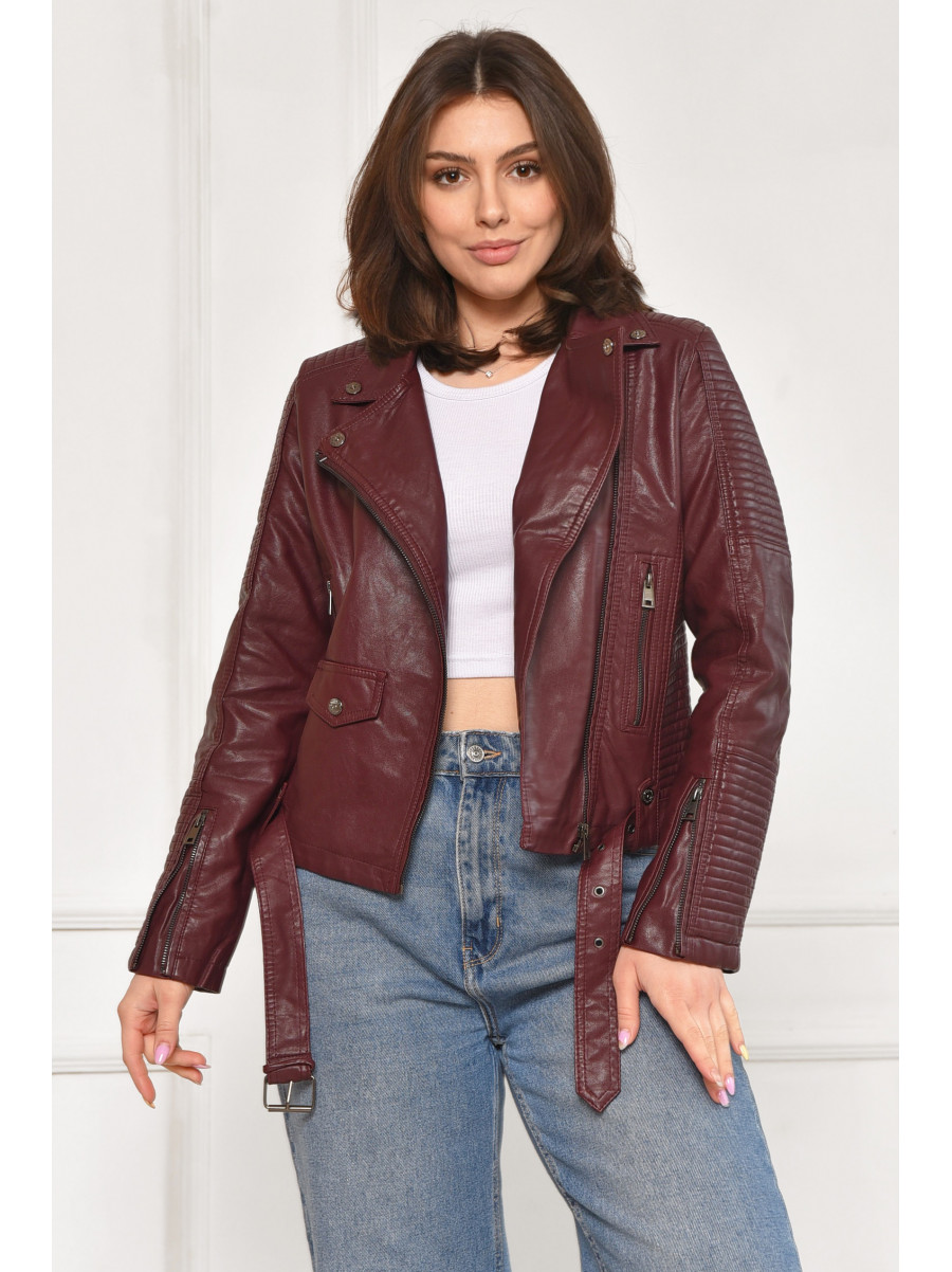 Куртка-косуха женская из экокожи бордового цвета 1708 212013C