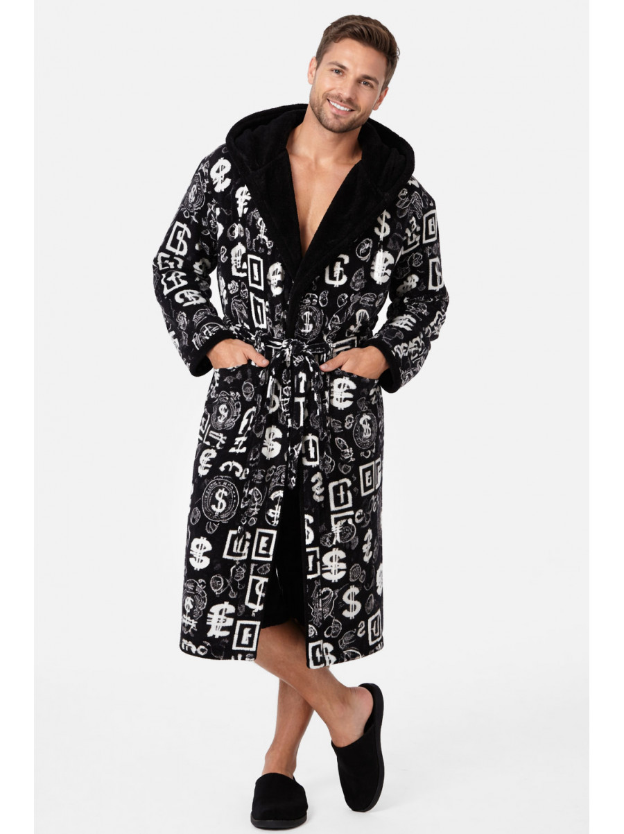 Халат чоловічий махровий чорного кольору з принтом 212105C