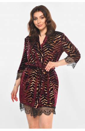 Халат женский велюровый бордового цвета с принтом М60 212231C Халат женский велюровый бордового цвета с принтом М60 212231C