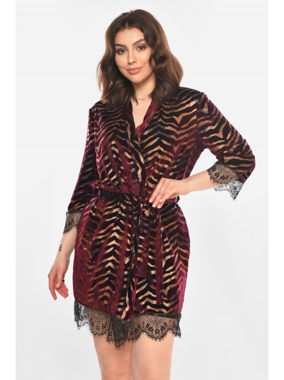 Халат женский велюровый бордового цвета с принтом М60 212231C