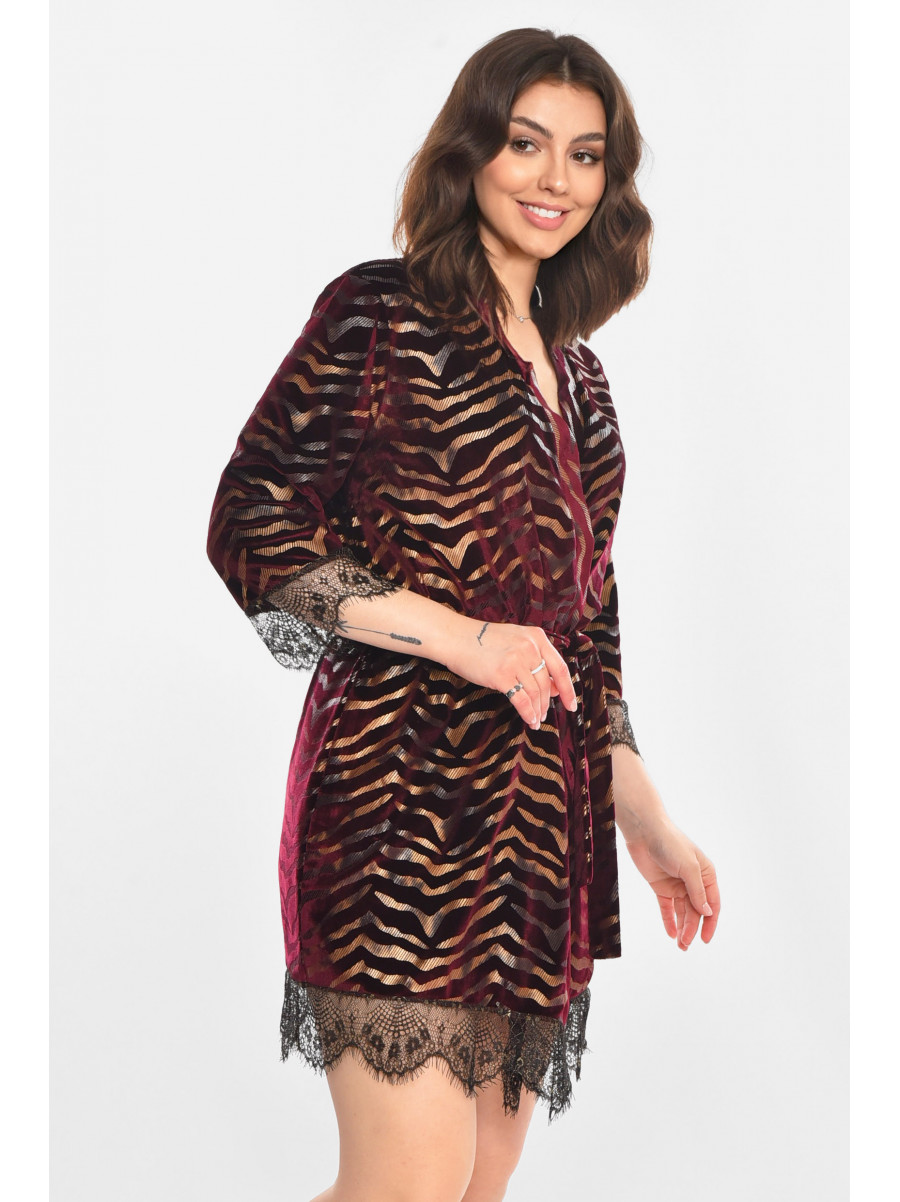 Халат женский велюровый бордового цвета с принтом М60 212231C