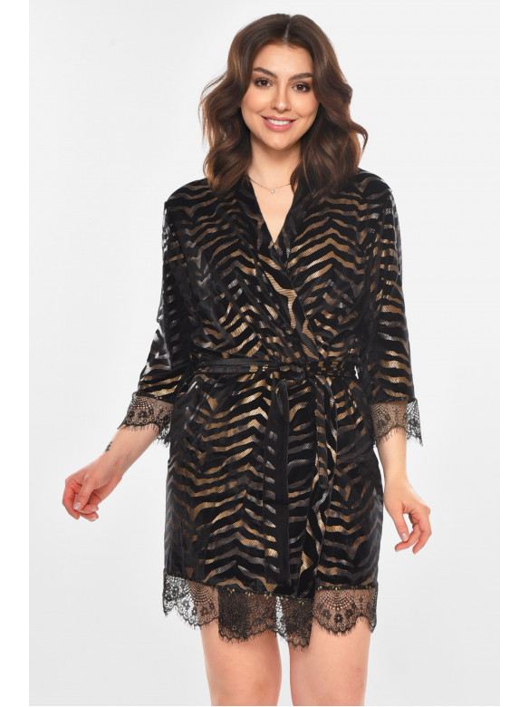 Халат женский велюровый черного цвета с принтом М60 212232C