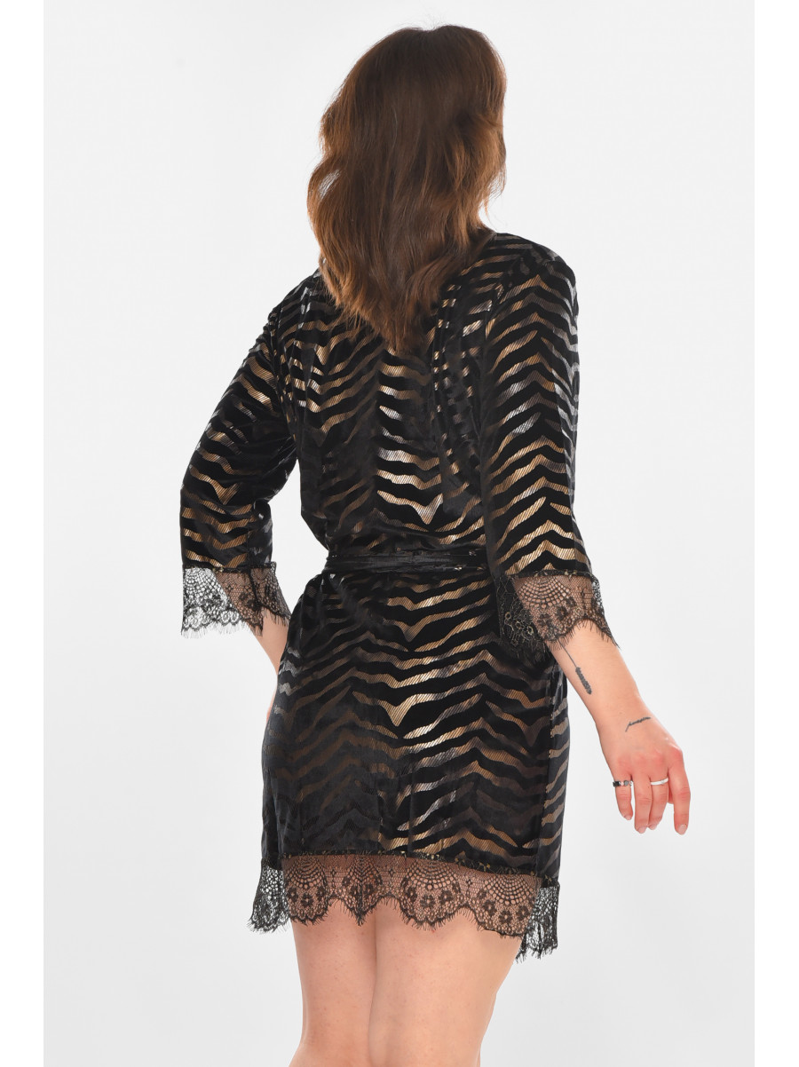 Халат женский велюровый черного цвета с принтом М60 212232C