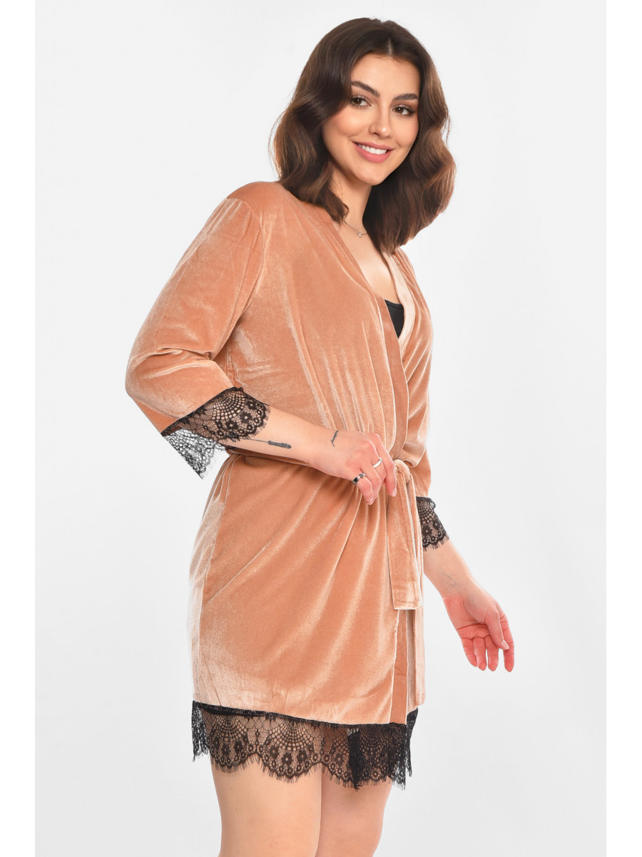 Халат женский полубатальный велюровый бежевого цвета М08/1 212234C