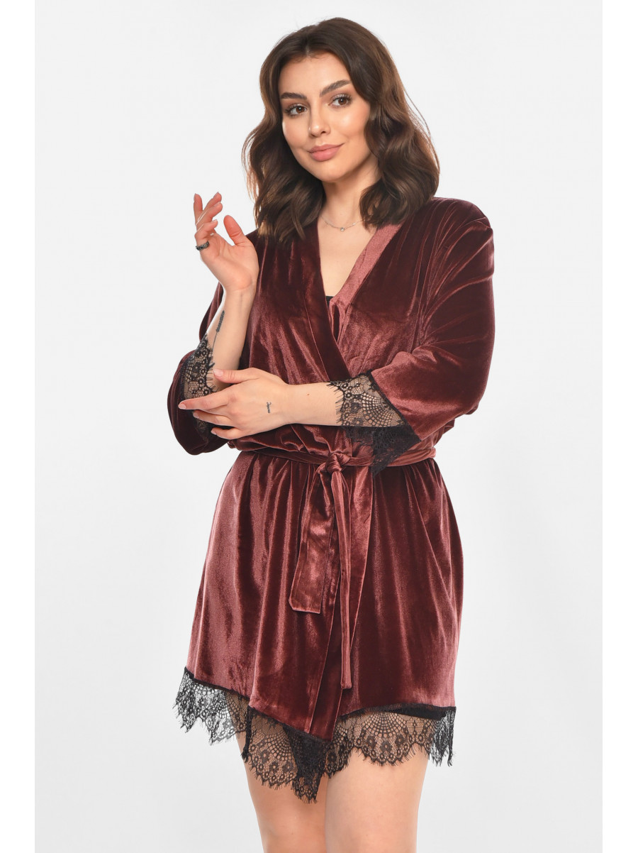 Халат женский полубатальный велюровый шоколадного цвета М08/1 212253C