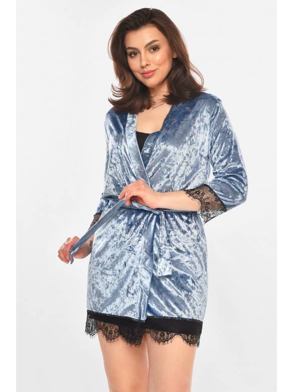 Халат женский велюровый тёмно-голубого цвета М08 212283C
