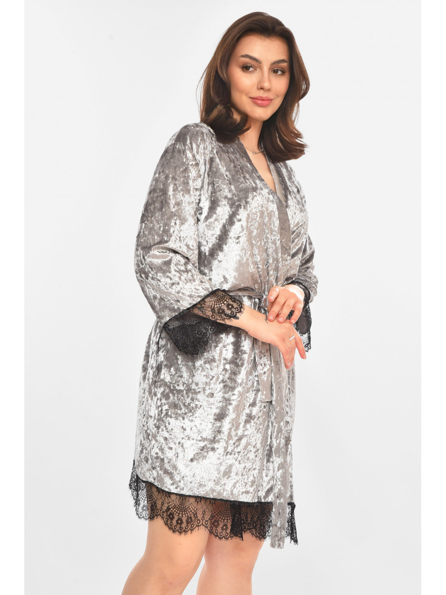 Халат женский полубатальный велюровый серого цвета М06 212293C