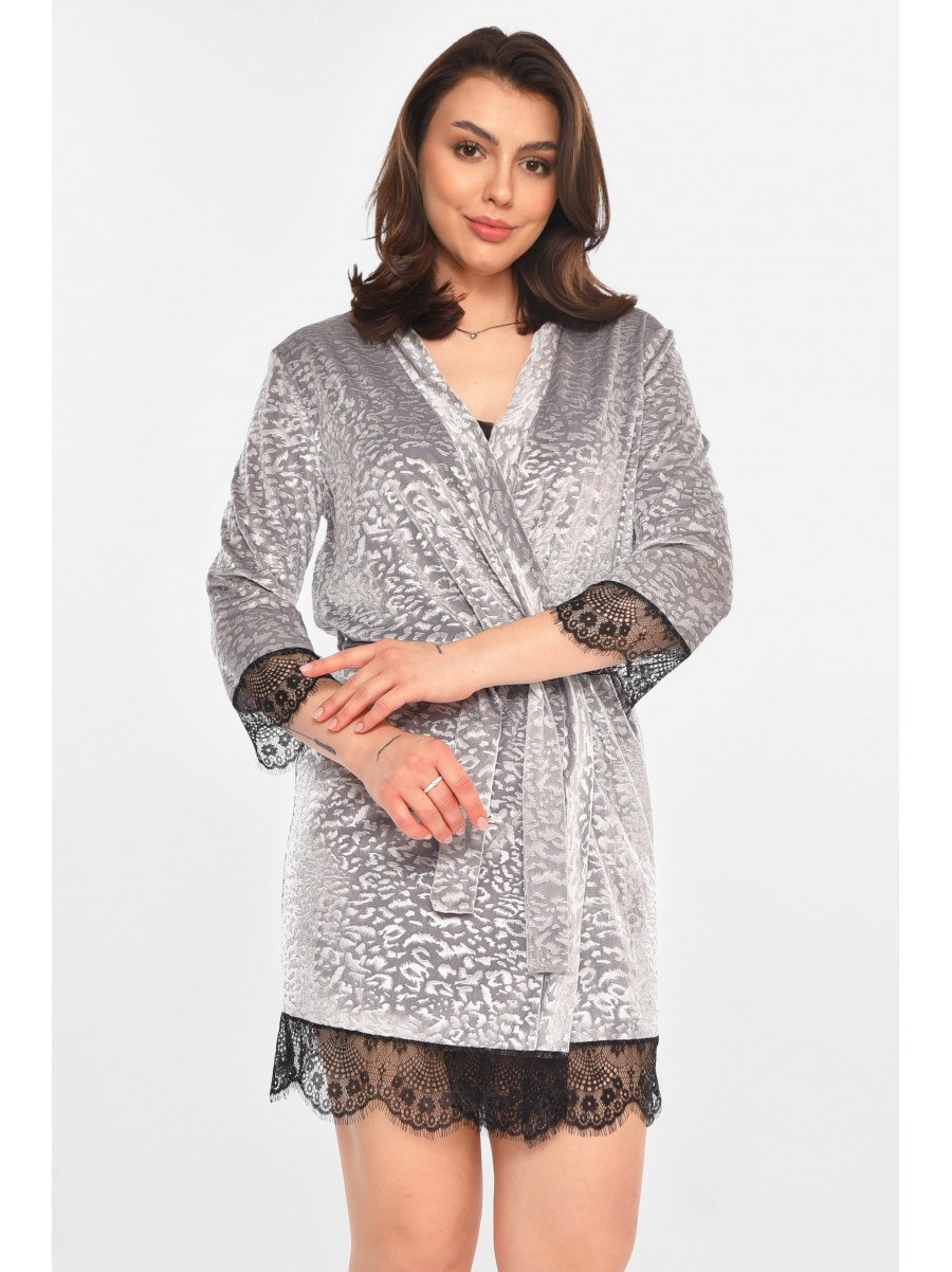 Халат женский велюровый серого цвета 0858 212299C