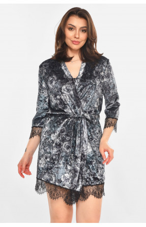 Халат женский велюровый тёмно-серого цвета с принтом 212300C