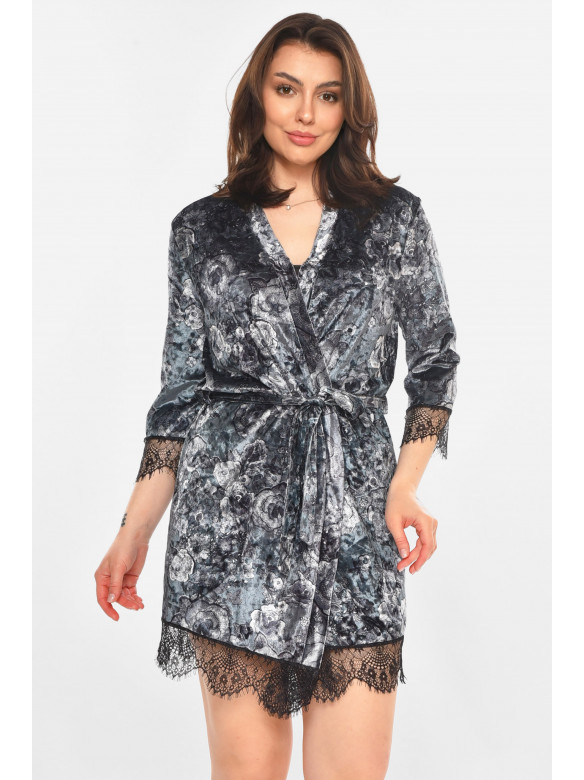 Халат женский велюровый тёмно-серого цвета с принтом 212300C