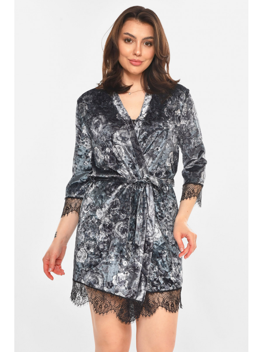 Халат женский велюровый тёмно-серого цвета с принтом 212300C