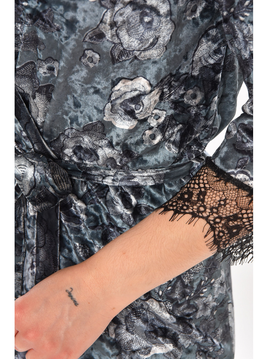 Халат женский велюровый тёмно-серого цвета с принтом 212300C