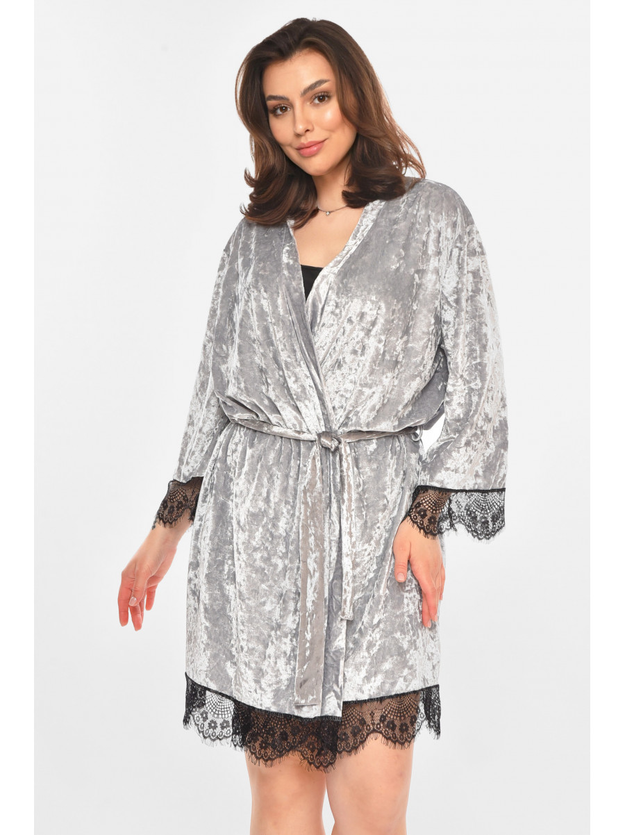 Халат женский полубатальный велюровый серого цвета 0630 212314C