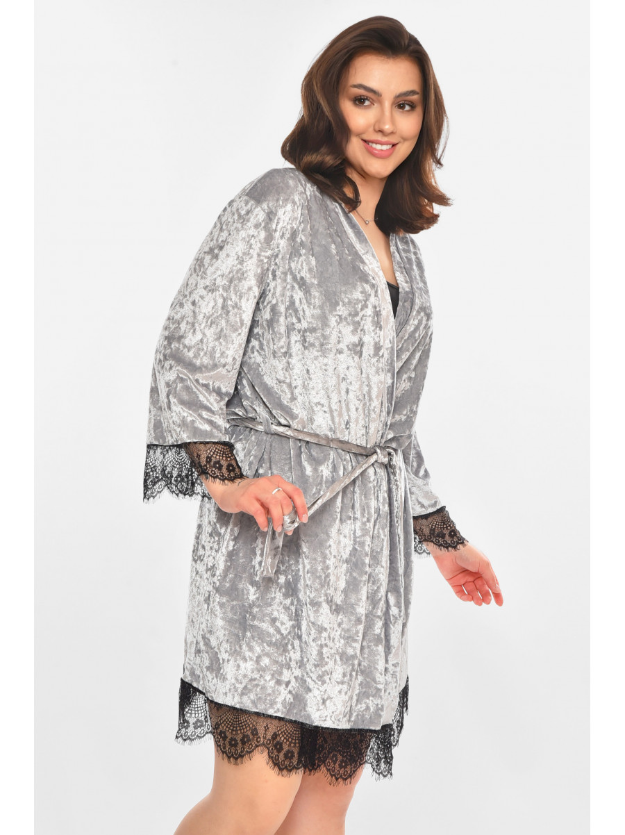 Халат женский полубатальный велюровый серого цвета 0630 212314C