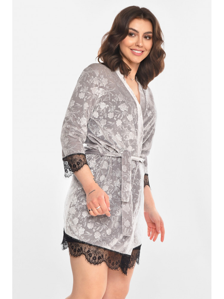 Халат женский полубатальный велюровый серого цвета 212317C