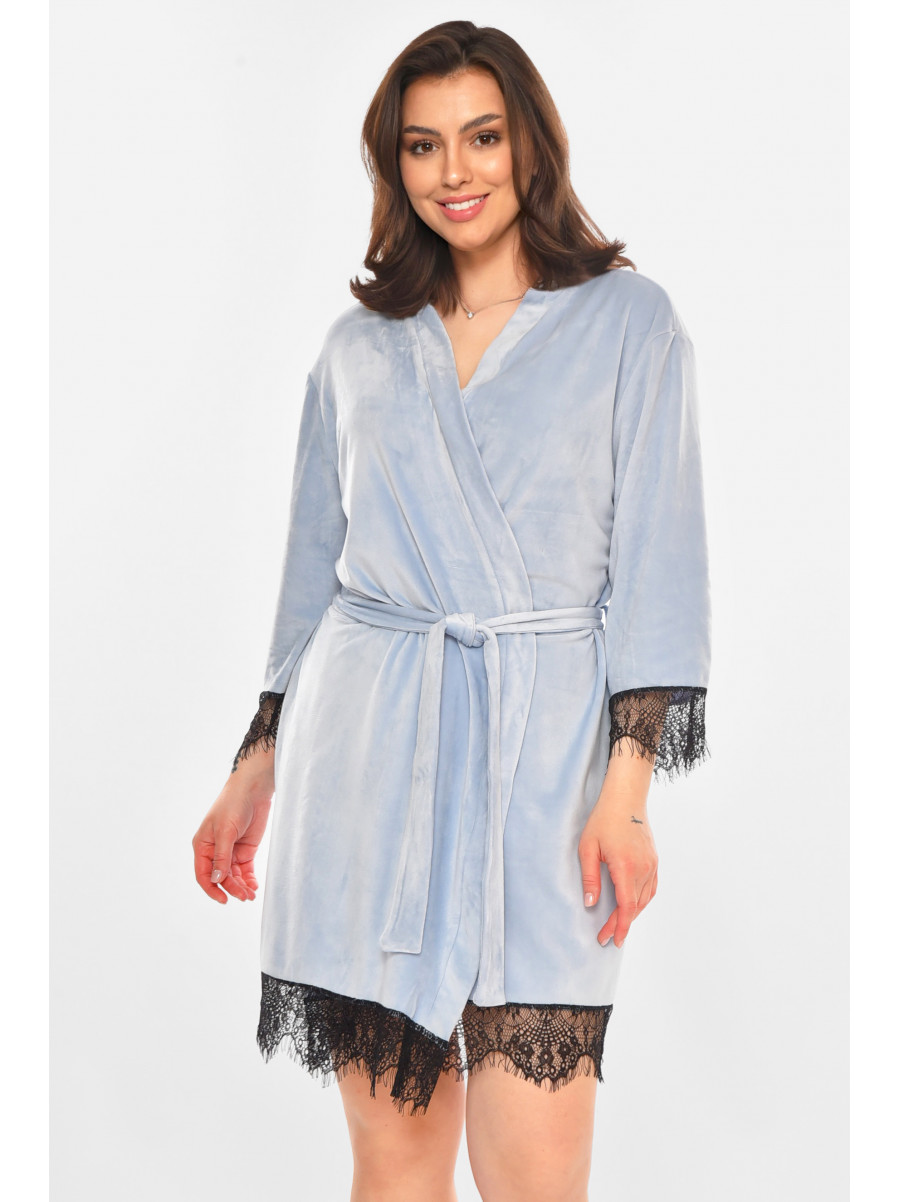 Халат женский полубатальный велюровый голубого цвета М16/1 212318C