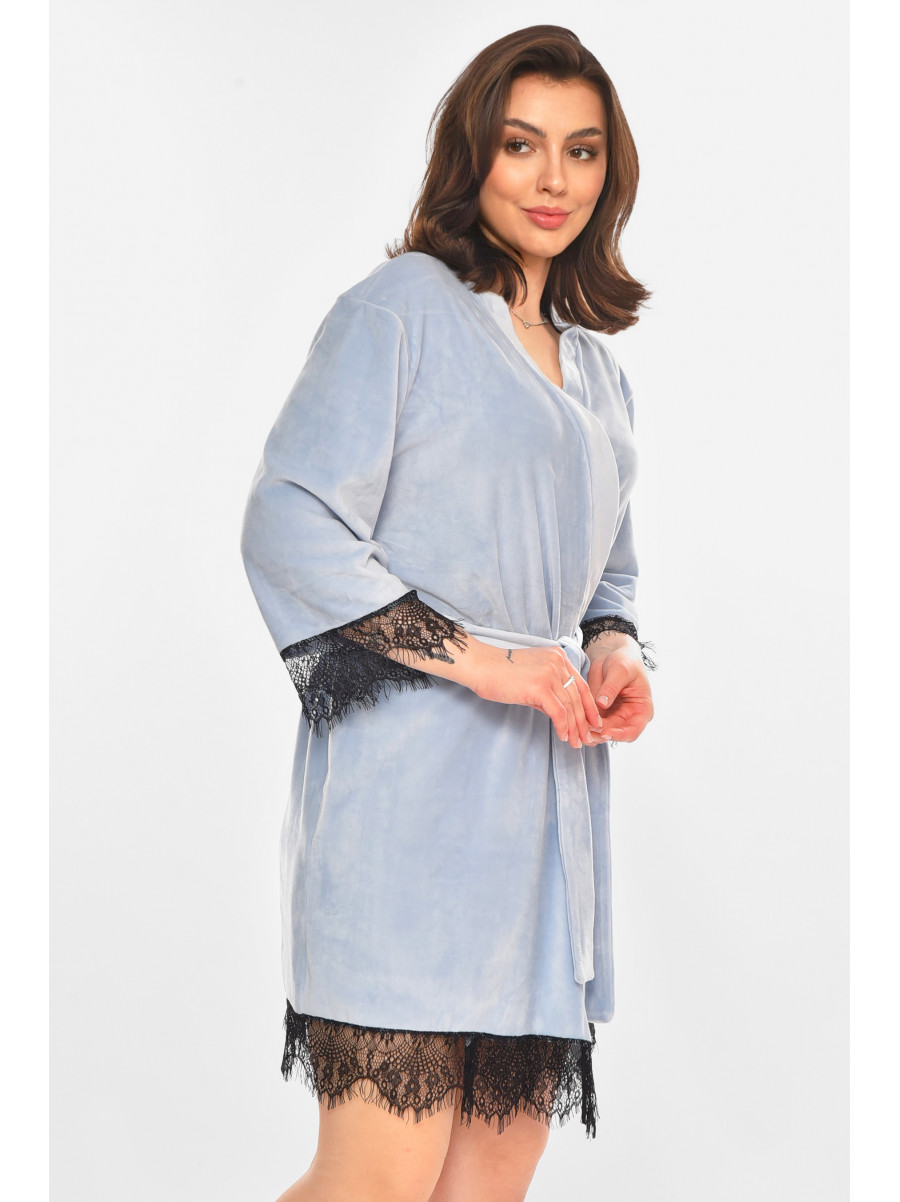 Халат женский полубатальный велюровый голубого цвета М16/1 212318C