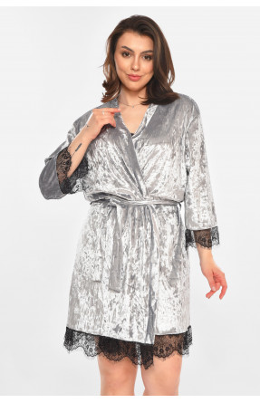 Халат женский полубатальный велюровый серого цвета 212338C