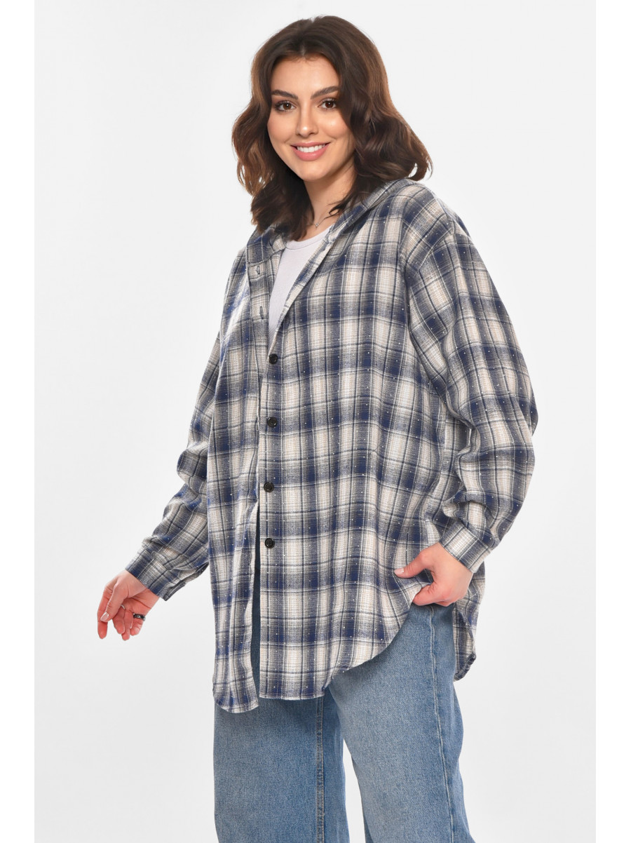 Рубашка женская полубатальная синего цвета со стразами 7758 212349C