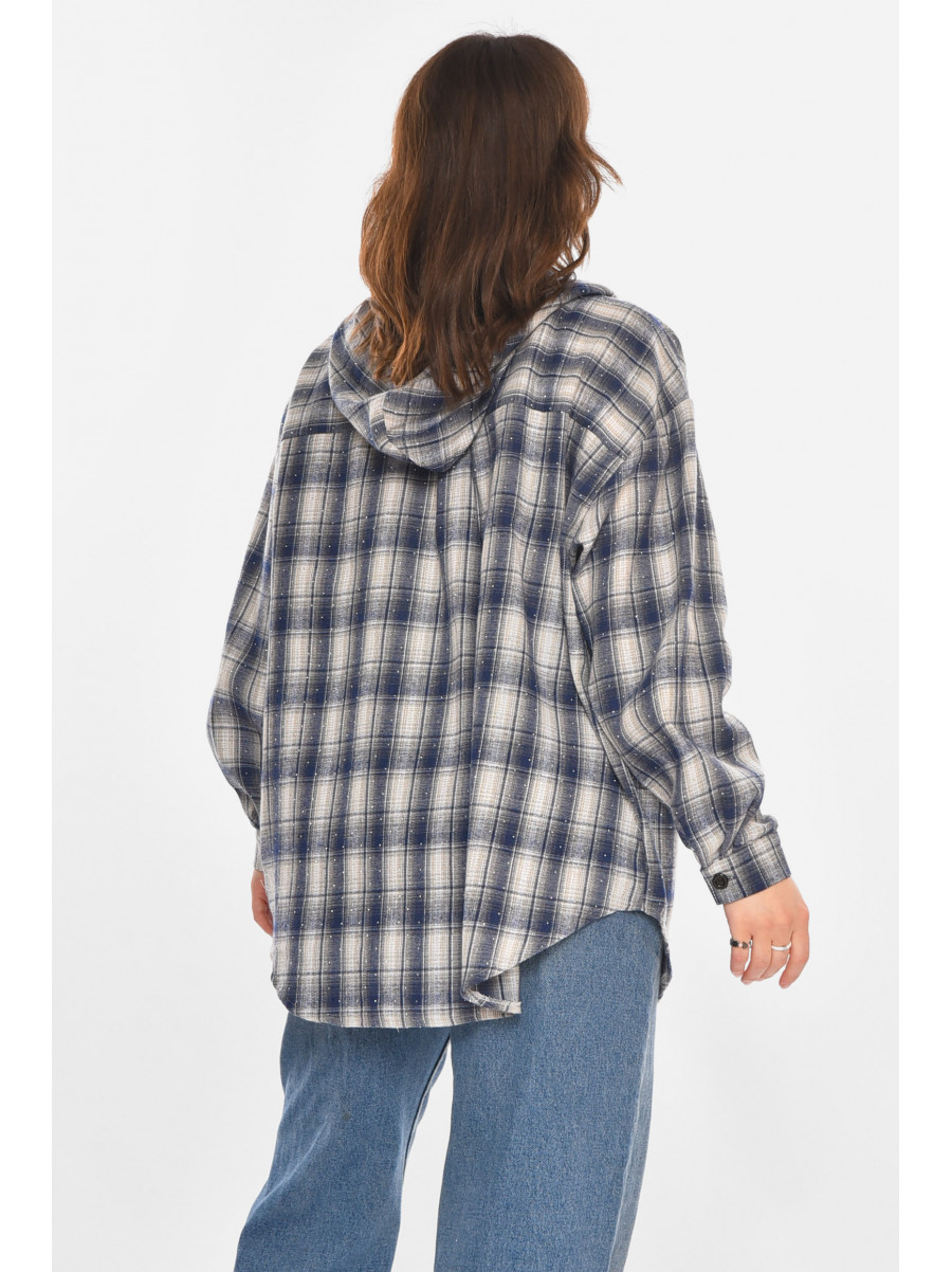 Рубашка женская полубатальная синего цвета со стразами 7758 212349C