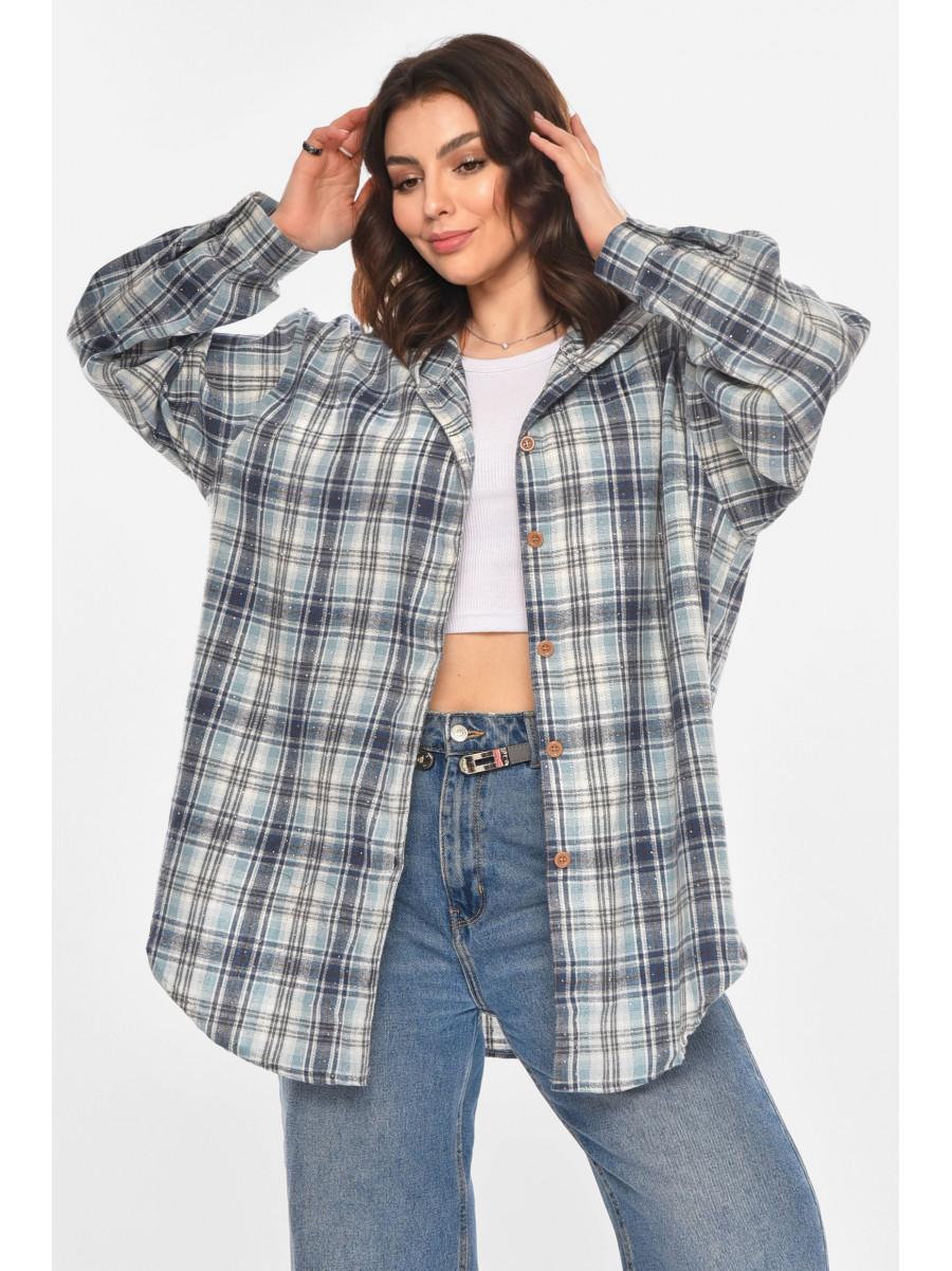 Рубашка женская полубатальная голубого цвета со стразами 7758 212351C