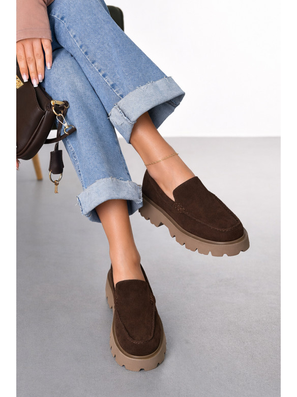 Лоферы женские шоколадного цвета натуральная замша 59-3 212469C