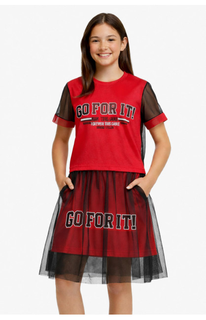 Костюм подростковый для девочки красного цвета с принтом 6030 212529C Костюм подростковый для девочки красного цвета с принтом 6030 212529C