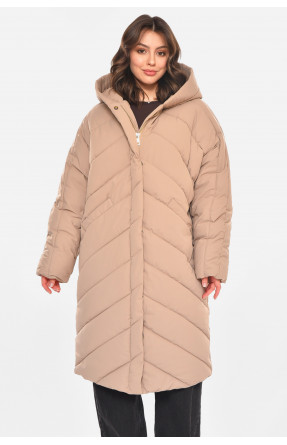 Куртка женская удлиненная зима бежевого цвета 9081 212552C Куртка женская удлиненная зима бежевого цвета 9081 212552C