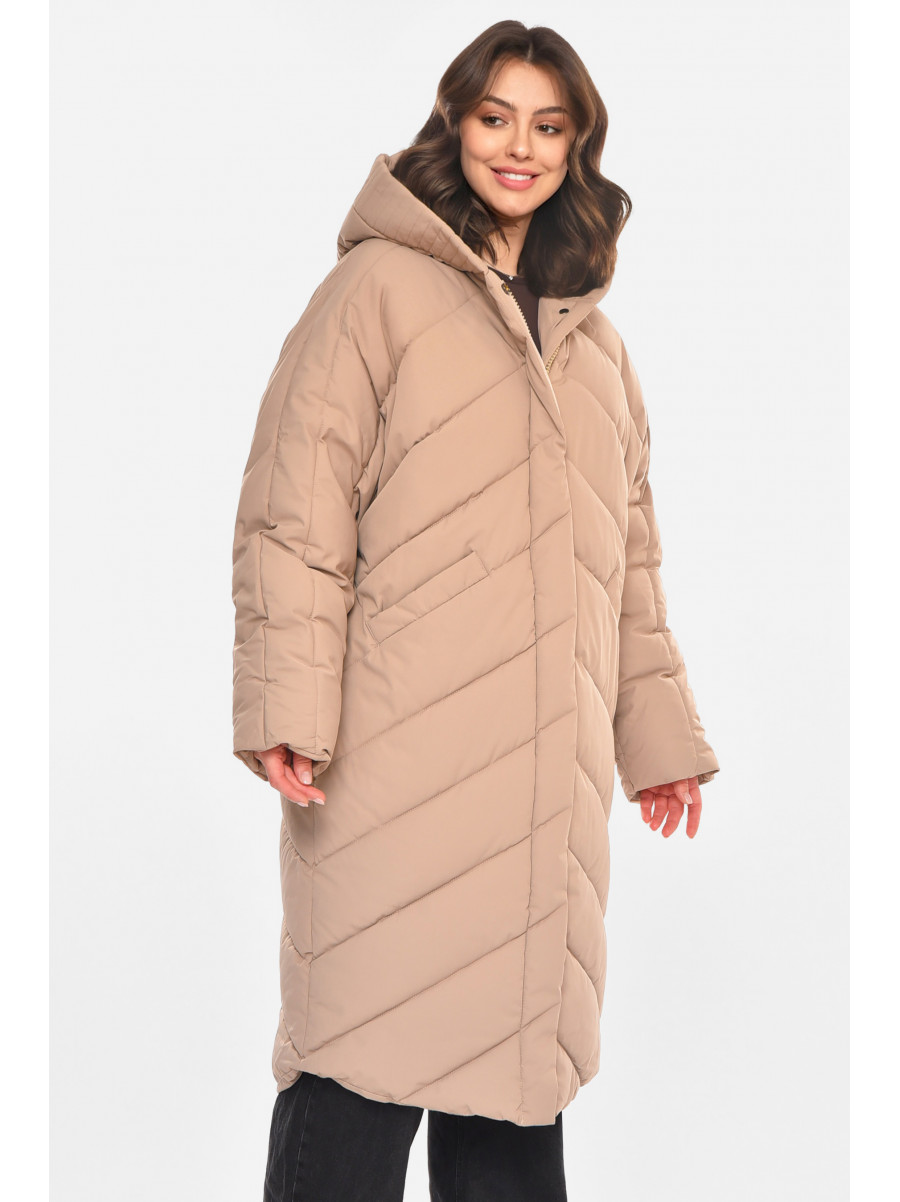 Куртка женская удлиненная зима бежевого цвета 9081 212552C