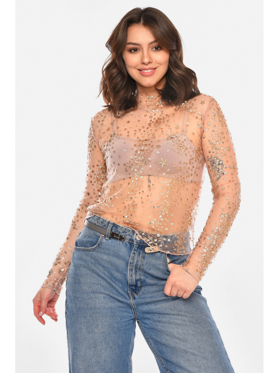 Кофта женская прозрачная розового цвета с пайетками 212621C