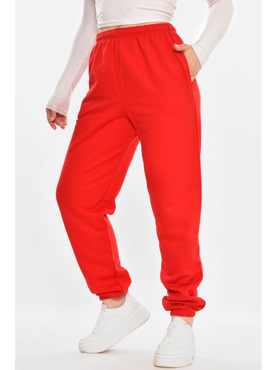 Спортивные штаны женские на флисе красного цвета 212637C
