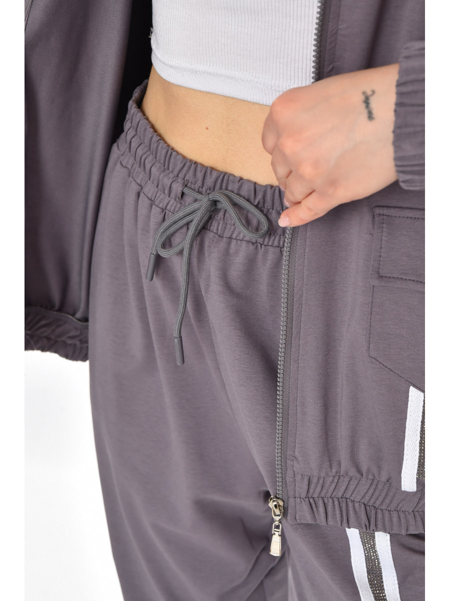 Спортивный костюм женский полубатальный серого цвета T-373 212659C