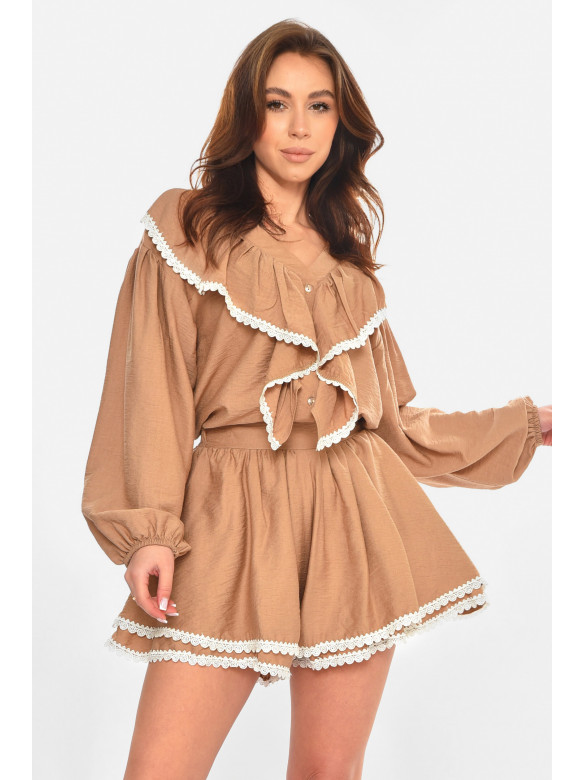 Костюм женский однотонный бежевого цвета 247 212686C