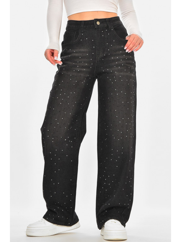 Джинси жіночі однотонні чорного кольору зі стразами 212766C