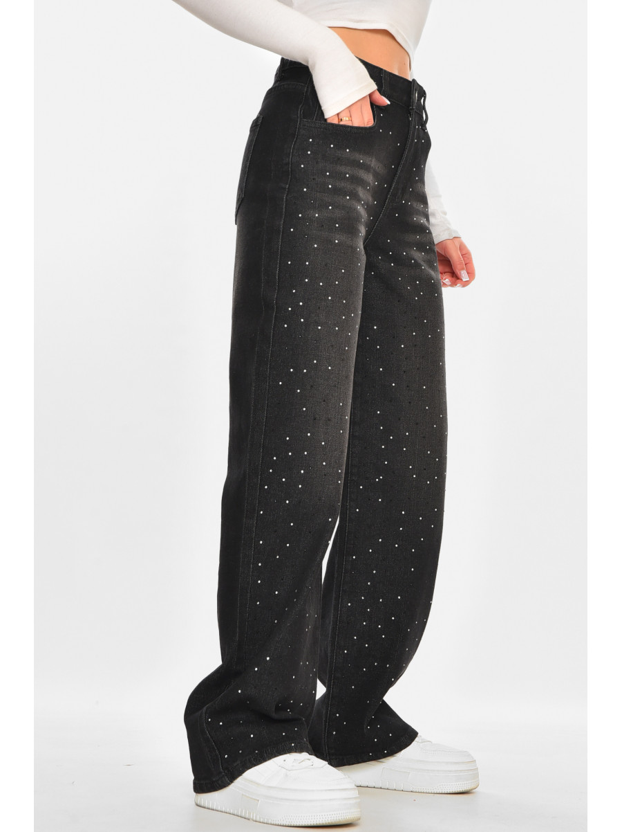 Джинси жіночі однотонні чорного кольору зі стразами 212766C