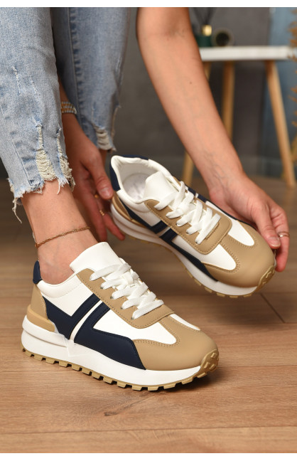 Кроссовки женские бело-бежевого цвета с синим на шнуровке Уценка 542-99 212782C
