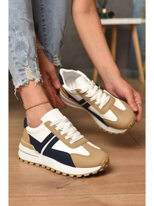 Кроссовки женские бело-бежевого цвета с синим на шнуровке Уценка 542-99 212782C