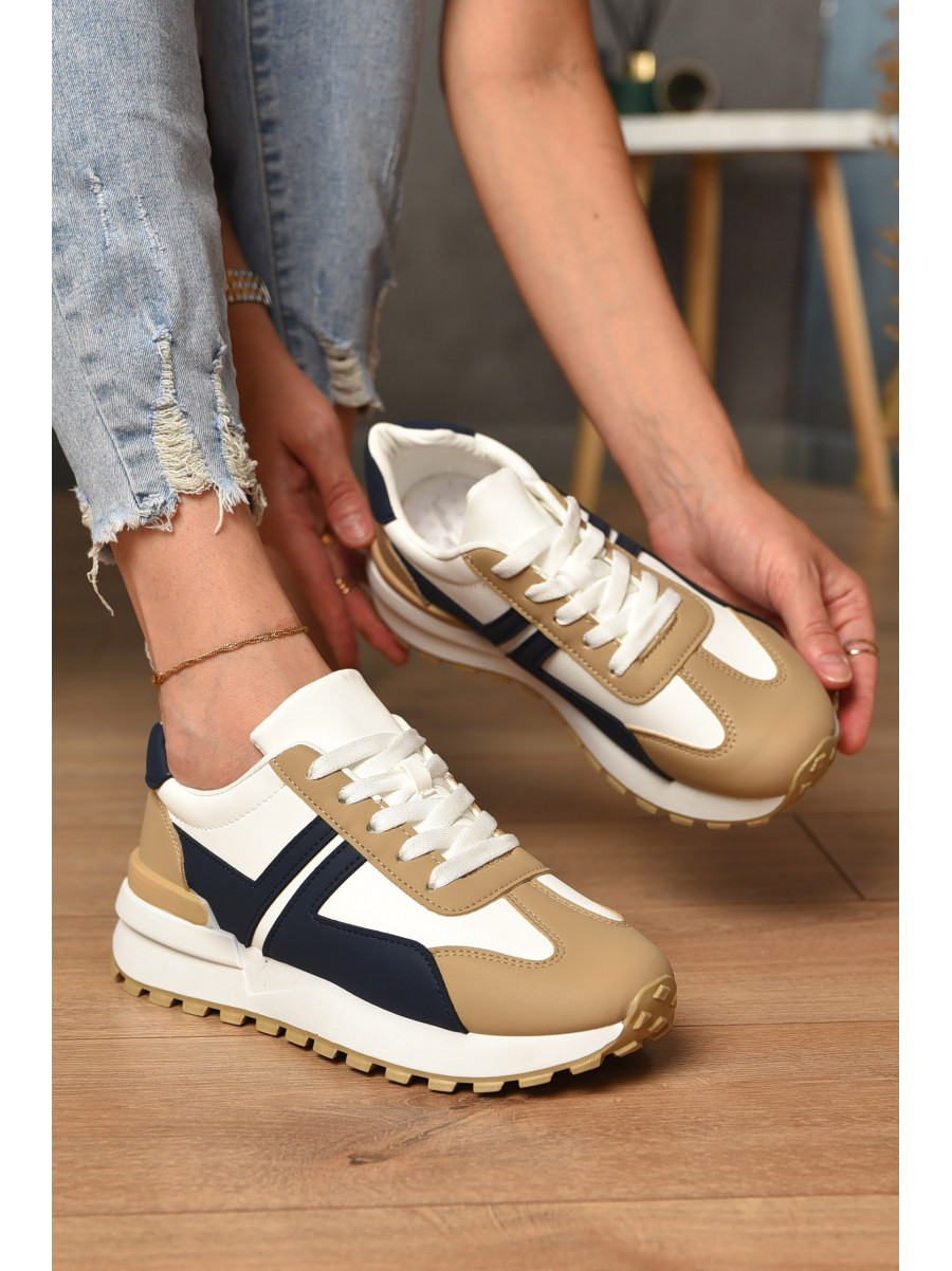 Кроссовки женские бело-бежевого цвета с синим на шнуровке Уценка 542-99 212782C
