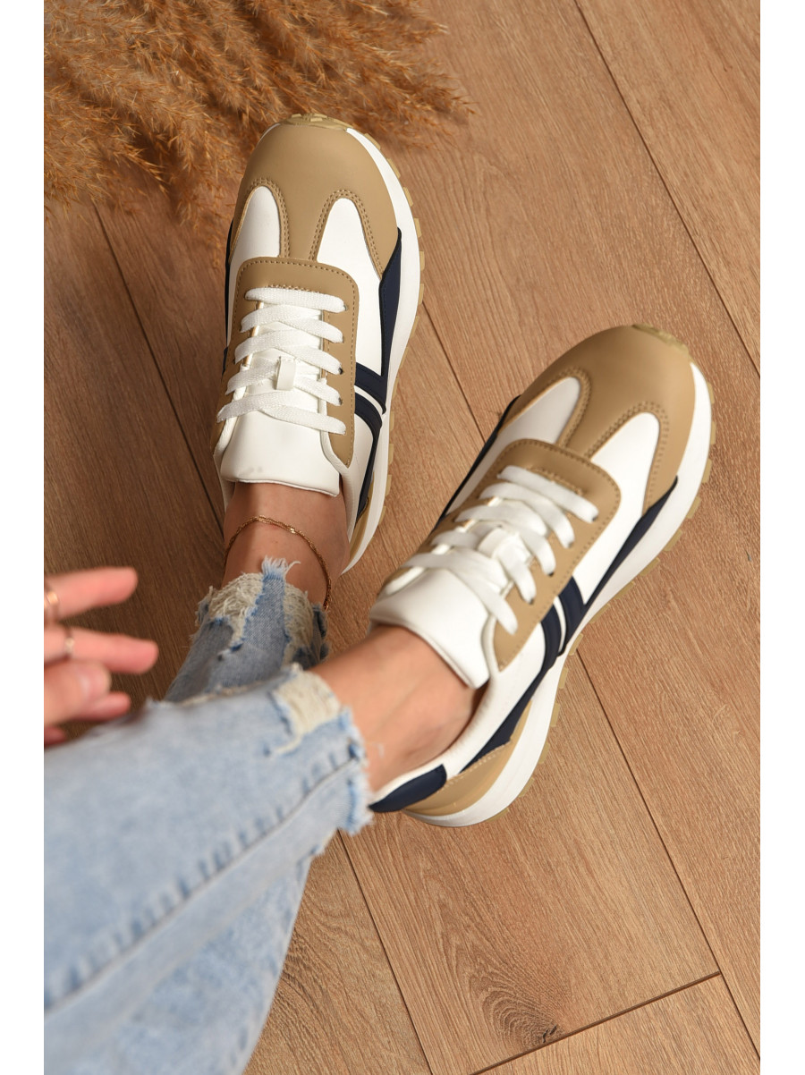 Кроссовки женские бело-бежевого цвета с синим на шнуровке Уценка 542-99 212782C