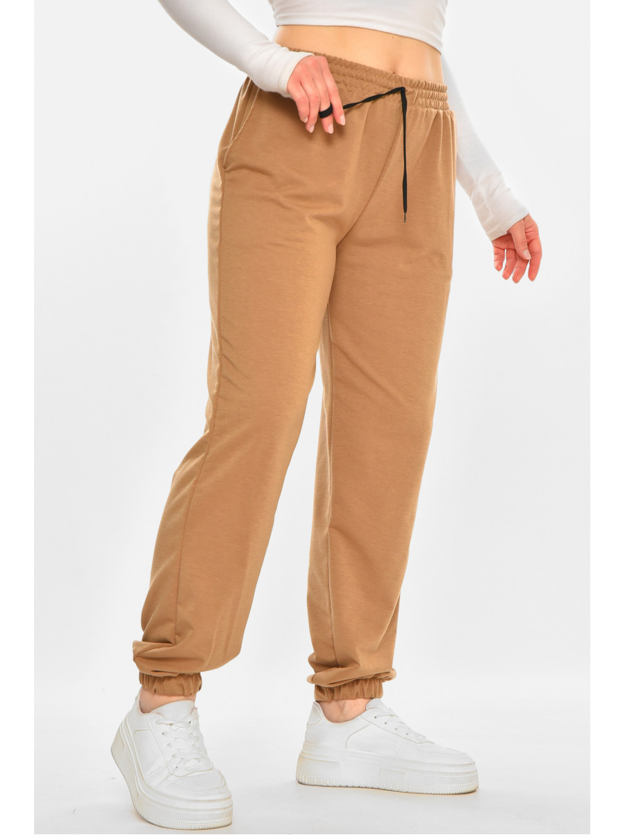Спортивные штаны женские полубатальные однотонные коричневого цвета 212835C