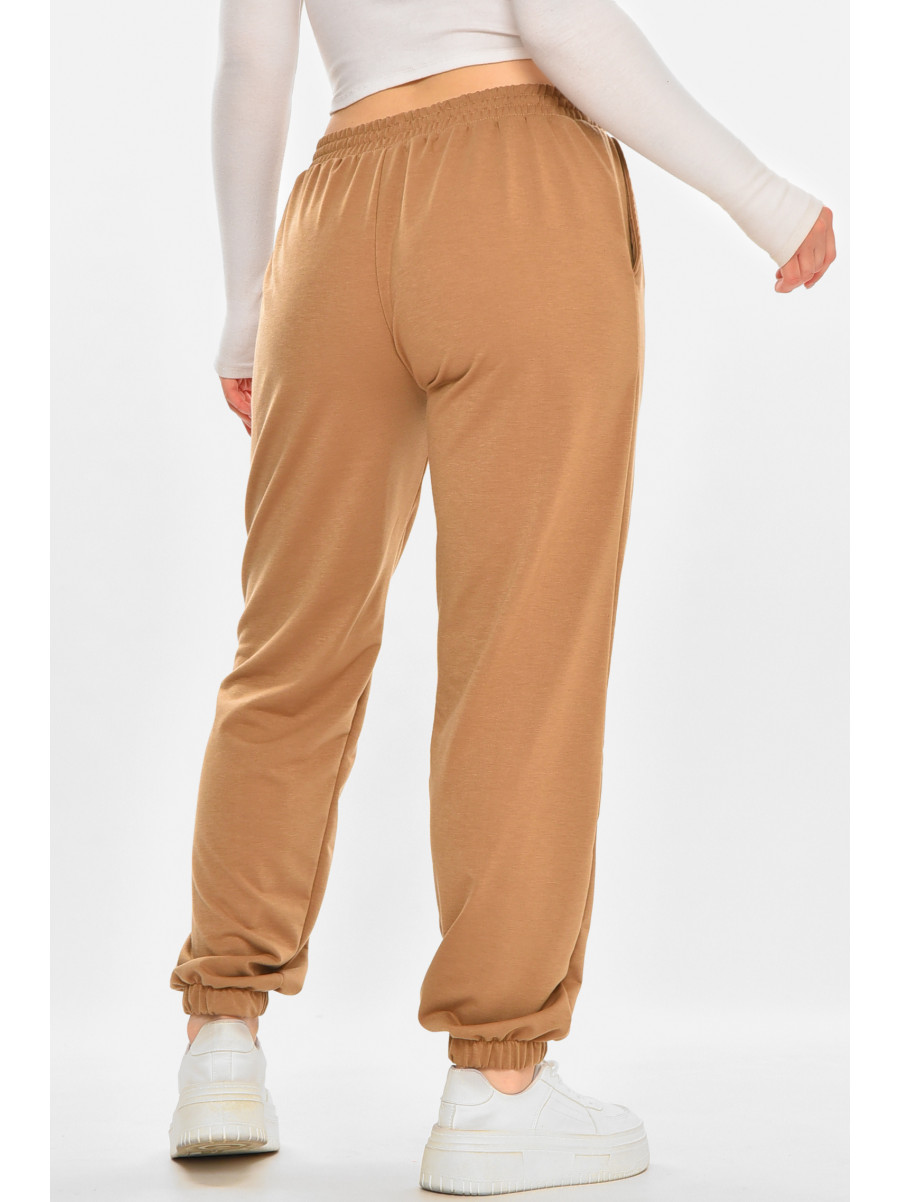Спортивные штаны женские полубатальные однотонные коричневого цвета 212835C