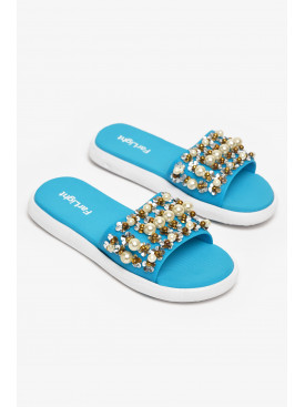 Шлепки женские голубого цвета с бусинками 8459-1 212914C