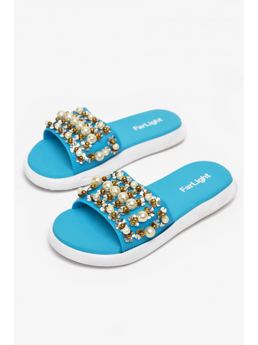Шльопанці жіночі блакитного кольору з намистинами 8459-1 212914C