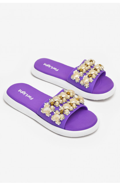 Шлепки женские фиолетового цвета с ракушками 8459-3 212917C