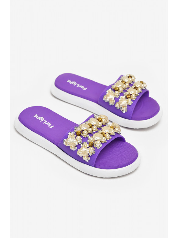 Шлепки женские фиолетового цвета с ракушками 8459-3 212917C