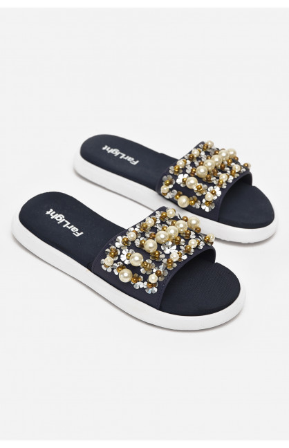 Шлепки женские черного цвета с бусинками 8459-1 212921C