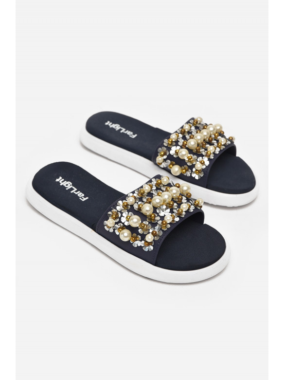 Шлепки женские черного цвета с бусинками 8459-1 212921C